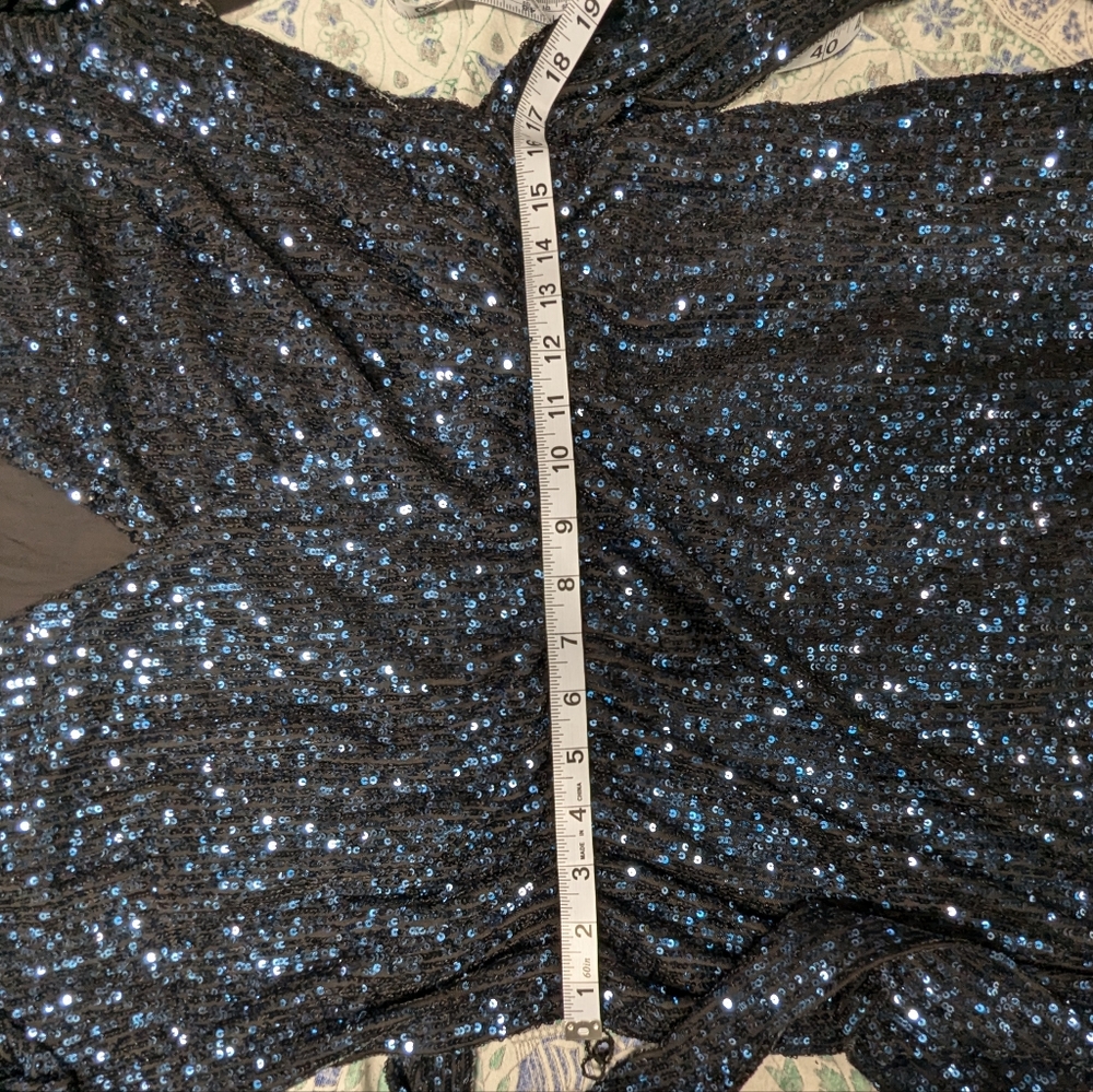 Old Hollywood Glam Blue Sequin Cocktail Party Long Sleeve Blouson Mini Dress - Picture 10 of 12